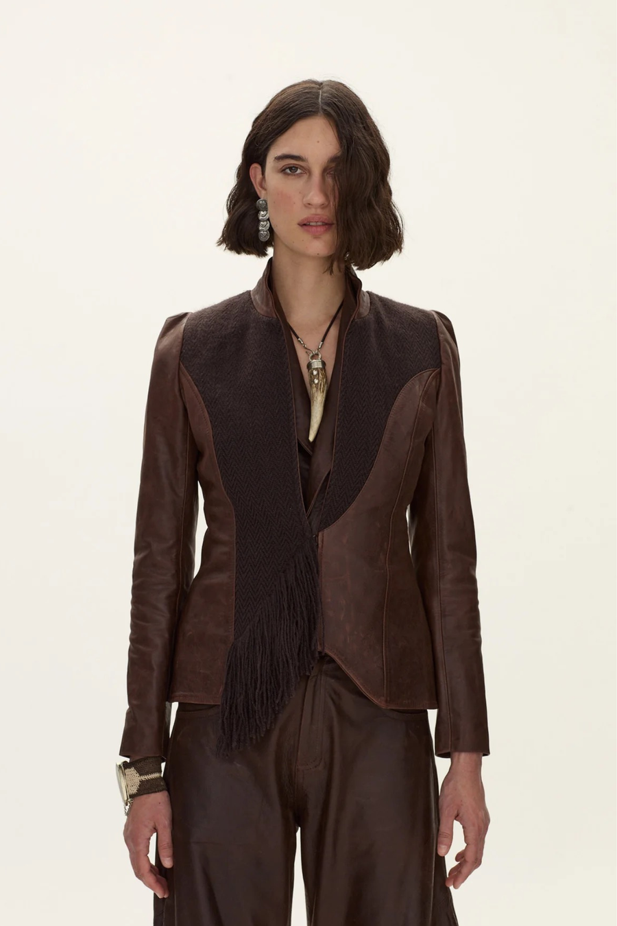 Blazer Espiga de Cuero y Lana